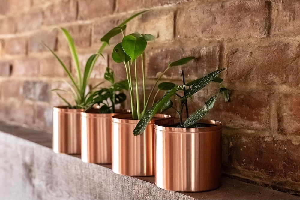 4 copper pots on mantle