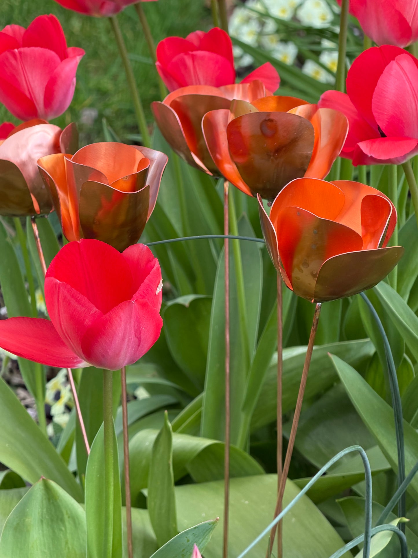 Red tulips with a copper metal sculpture of a tulip in the center from Copper and Green