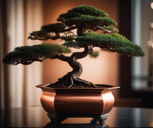 Green Bonsai Tree in Copper Plant Pot