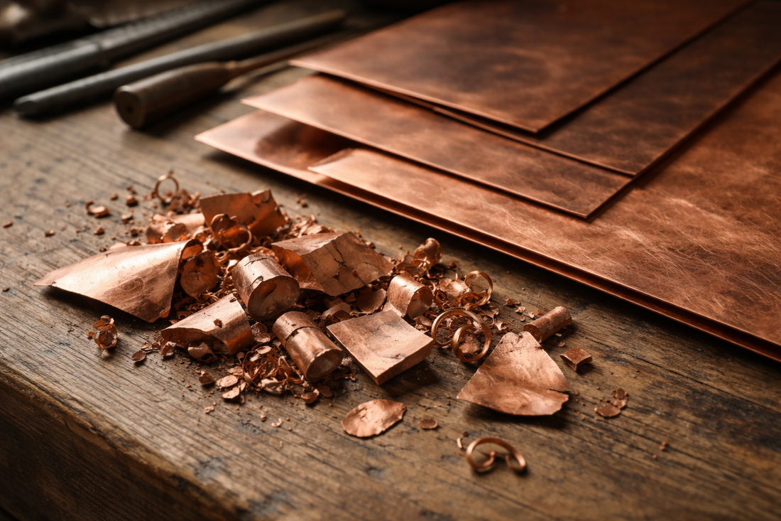 Handmade copper products with recycled copper on wooden workbench