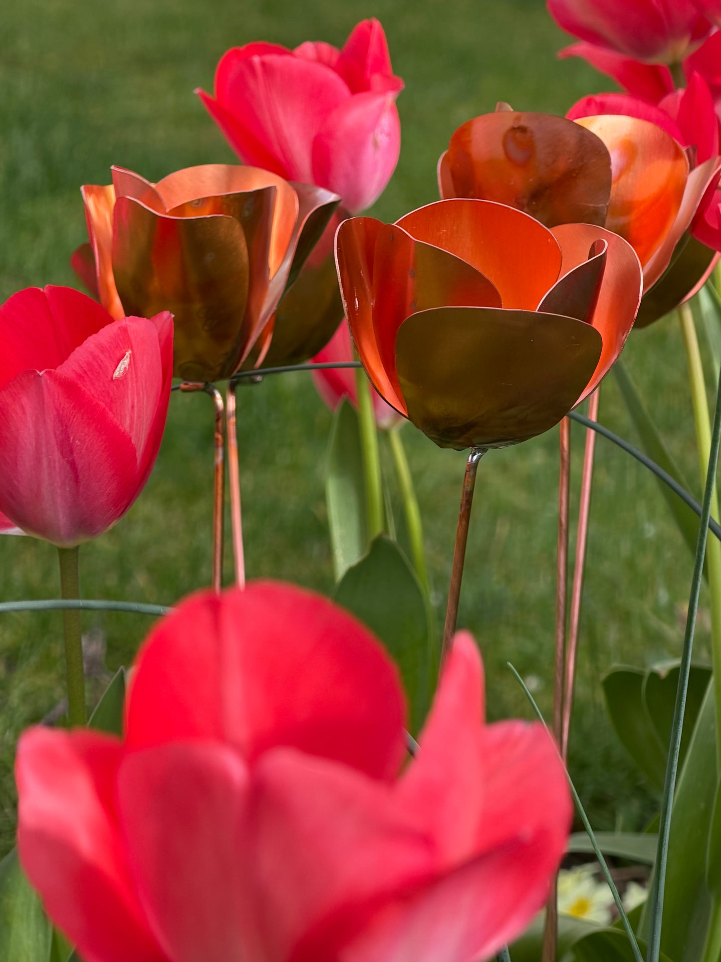 Red tulips with a copper metal sculpture of a tulip in the center from Copper and Green