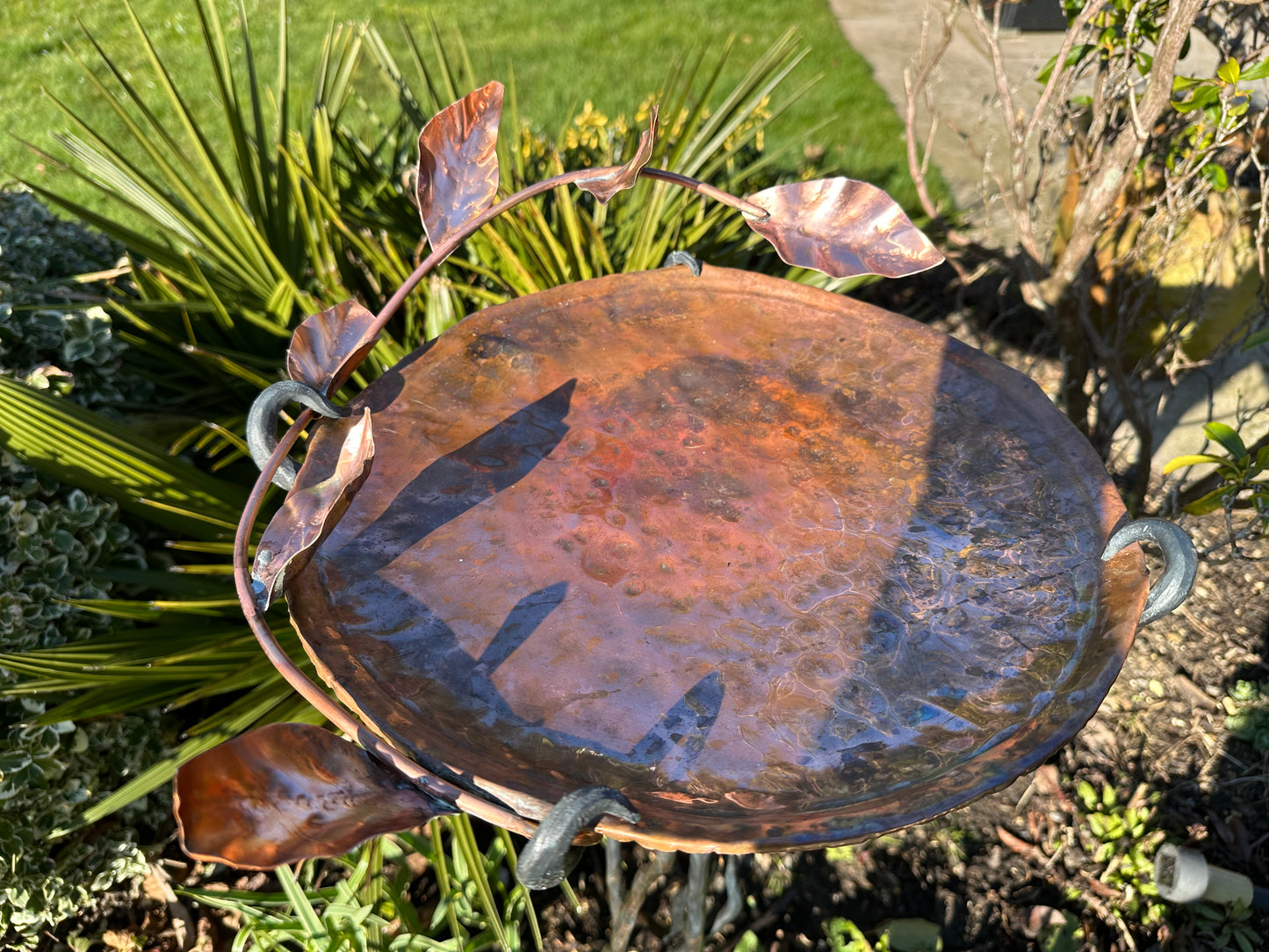 Copper and Steel Bird Bath with Leaves