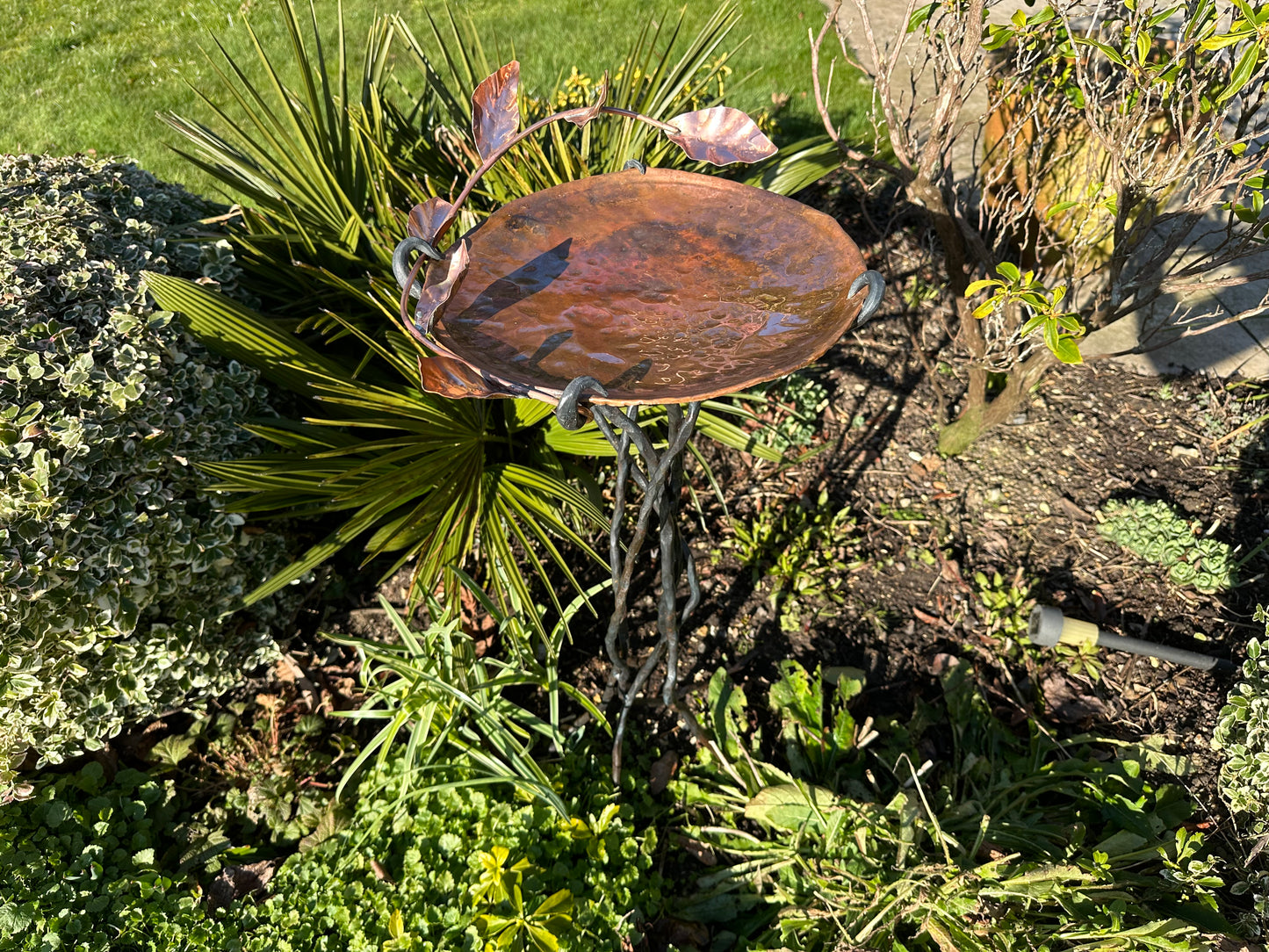 Copper and Steel Bird Bath with Leaves