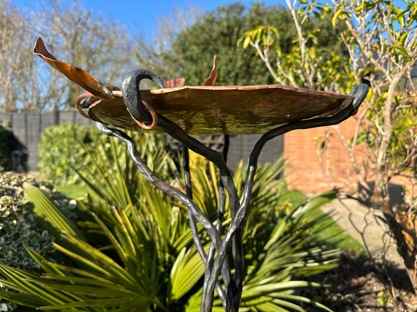 Copper and Steel Bird Bath with Leaves