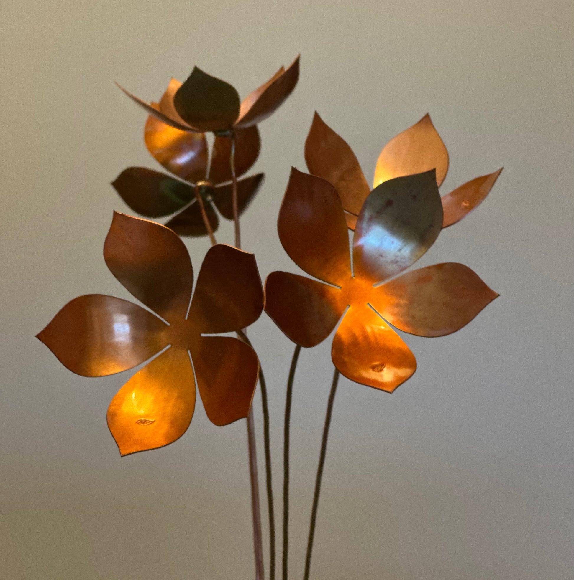 Metal flower sculptures with a warm glow against a neutral background