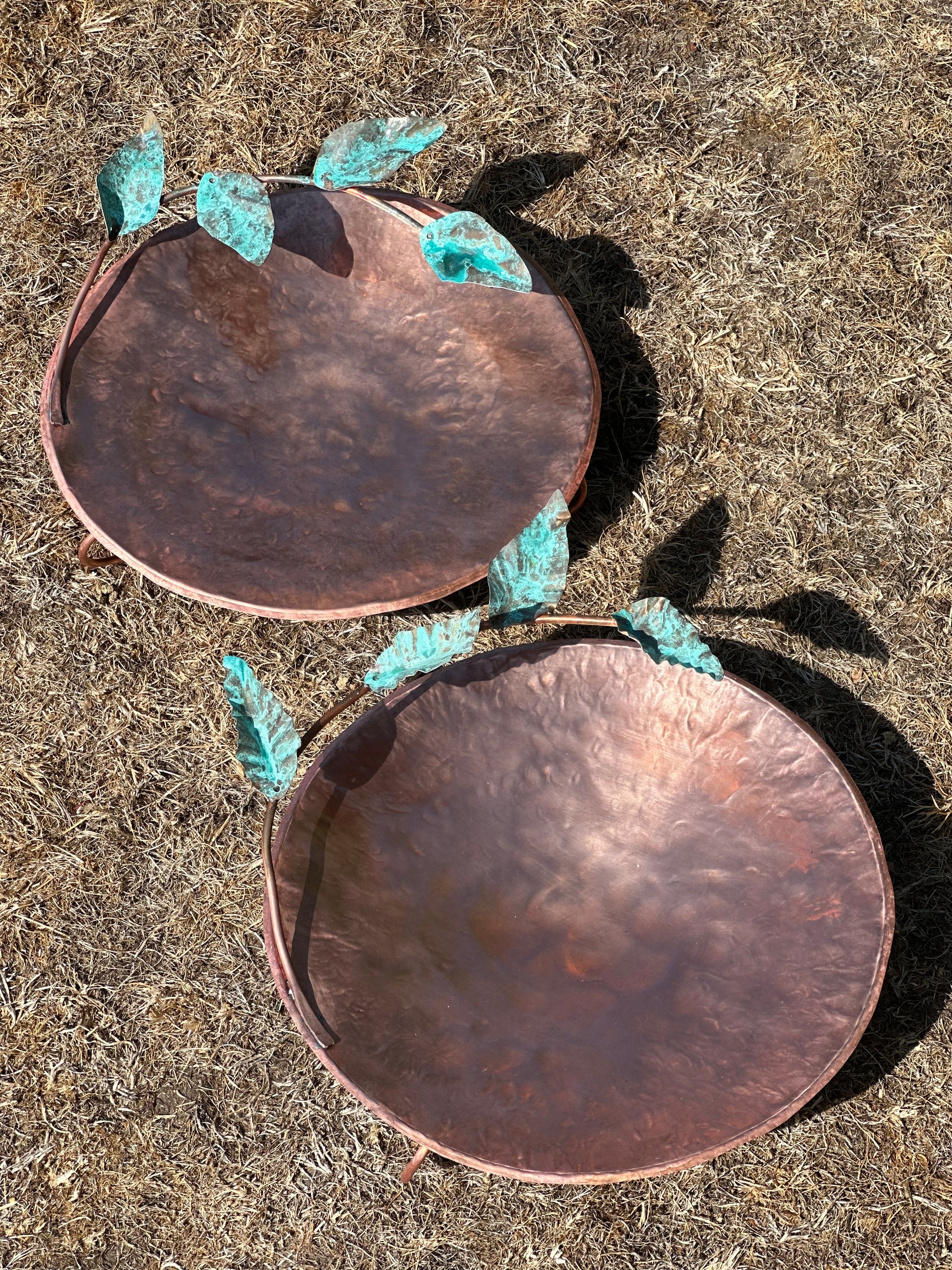 Hand made Copper and Green Hammered copper bowl ground level/floor standing bird bath with verdigris leaves.