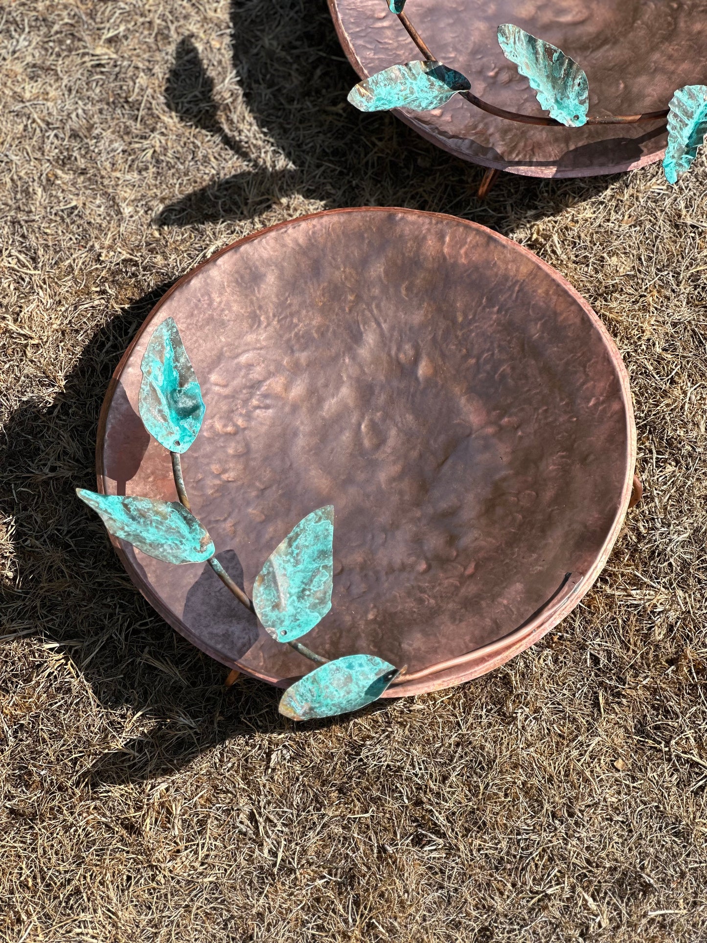 Hand made Copper and Green Hammered copper bowl ground level/floor standing bird bath with verdigris leaves.