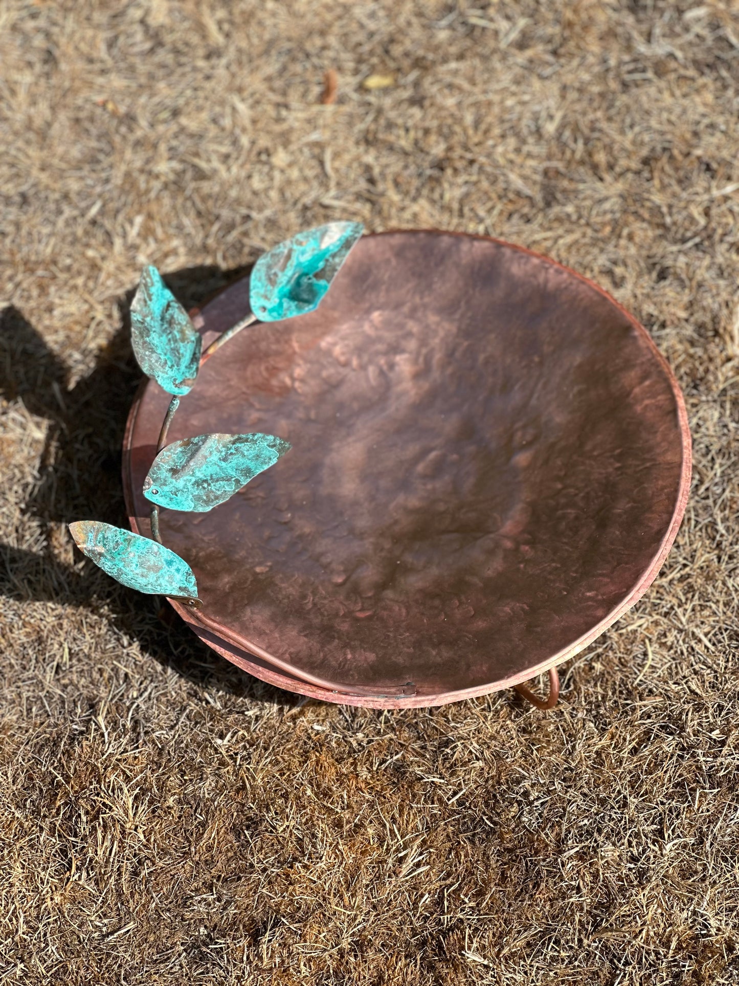 Hand made Copper and Green Hammered copper bowl ground level/floor standing bird bath with verdigris leaves.