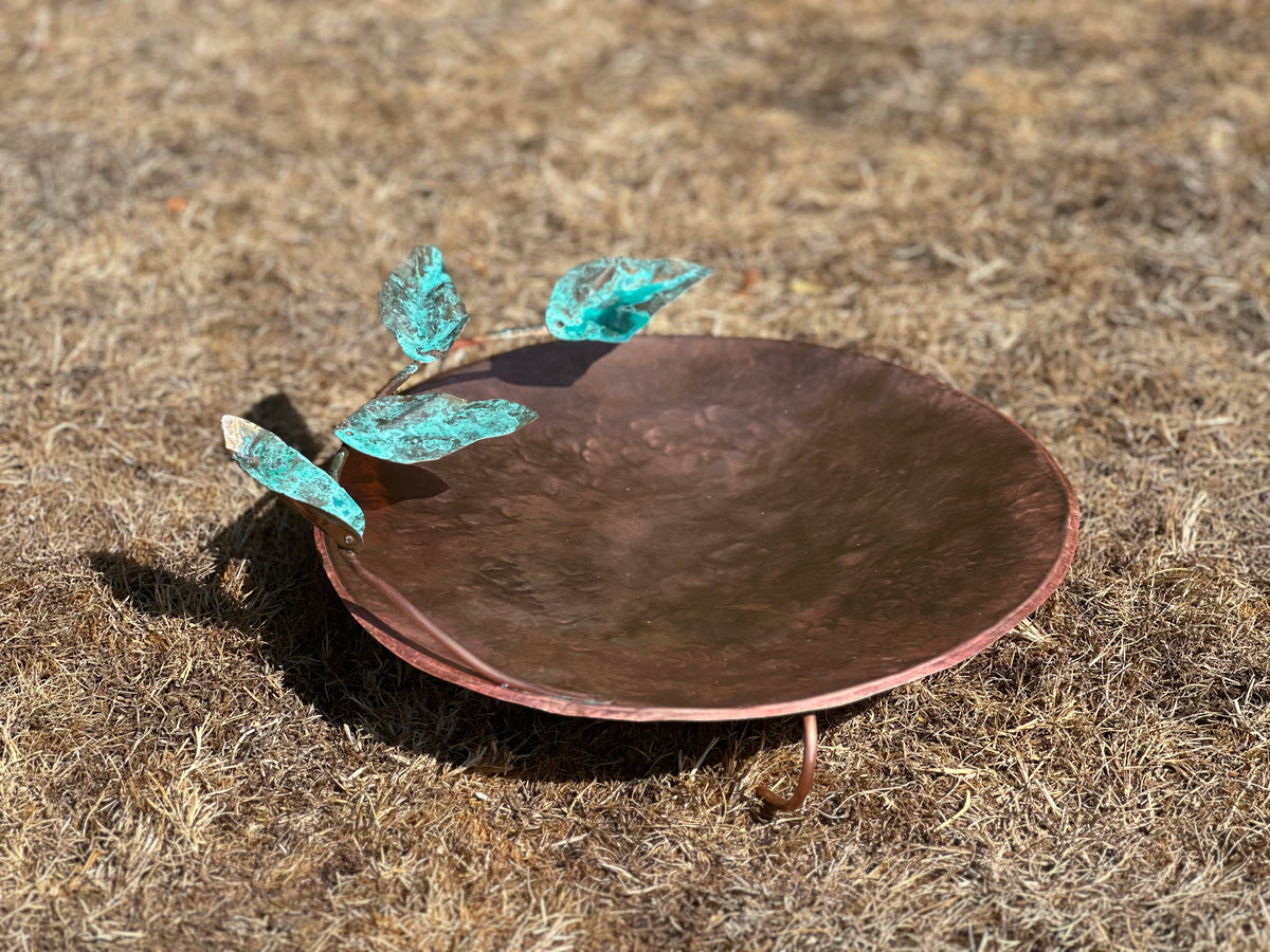 Hand made Copper and Green Hammered copper bowl ground level/floor standing bird bath with verdigris leaves.