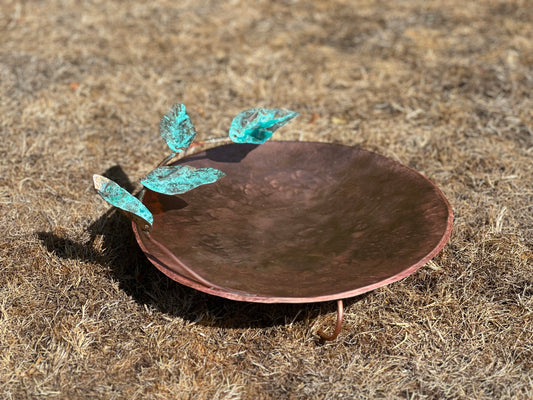 Hand made Copper and Green Hammered copper bowl ground level/floor standing bird bath with verdigris leaves.