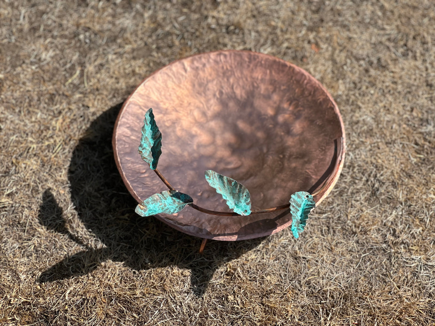 Hand made Copper and Green Hammered copper bowl ground level/floor standing bird bath with verdigris leaves.