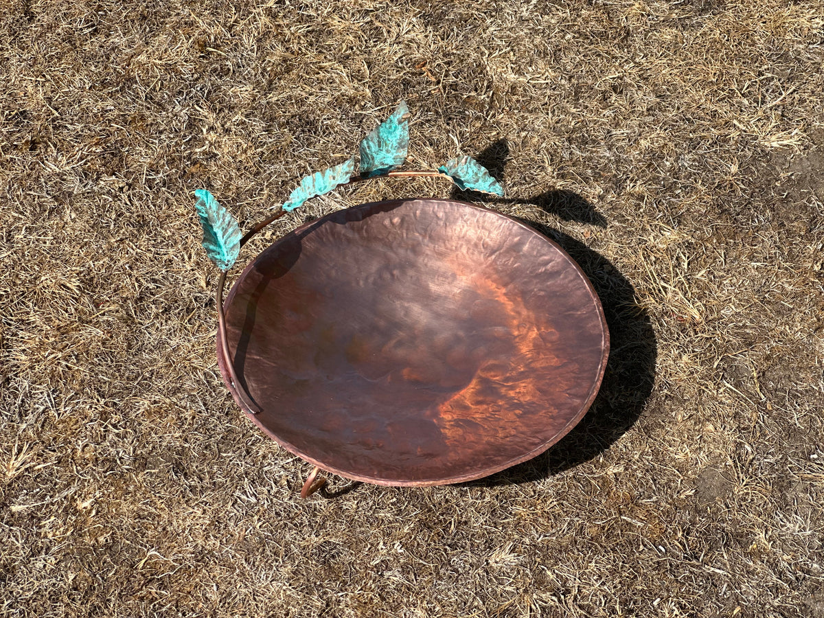 Hand made Copper and Green Hammered copper bowl ground level/floor standing bird bath with verdigris leaves.