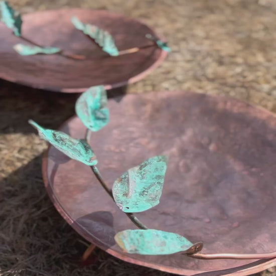 Hand made Copper and Green Hammered copper bowl ground level/floor standing bird bath with verdigris leaves.