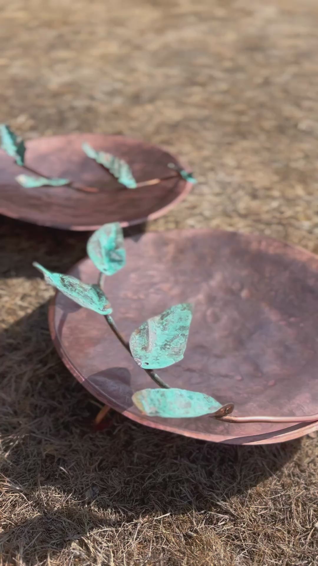 Hand made Copper and Green Hammered copper bowl ground level/floor standing bird bath with verdigris leaves.