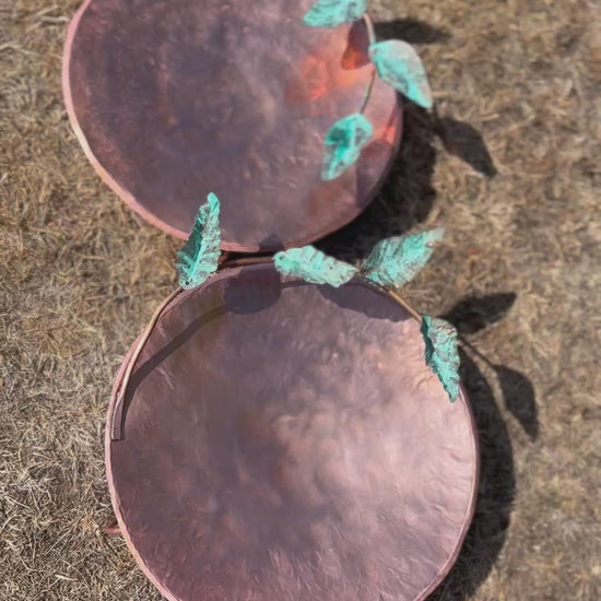 Hand made Copper and Green Hammered copper bowl ground level/floor standing bird bath with verdigris leaves.