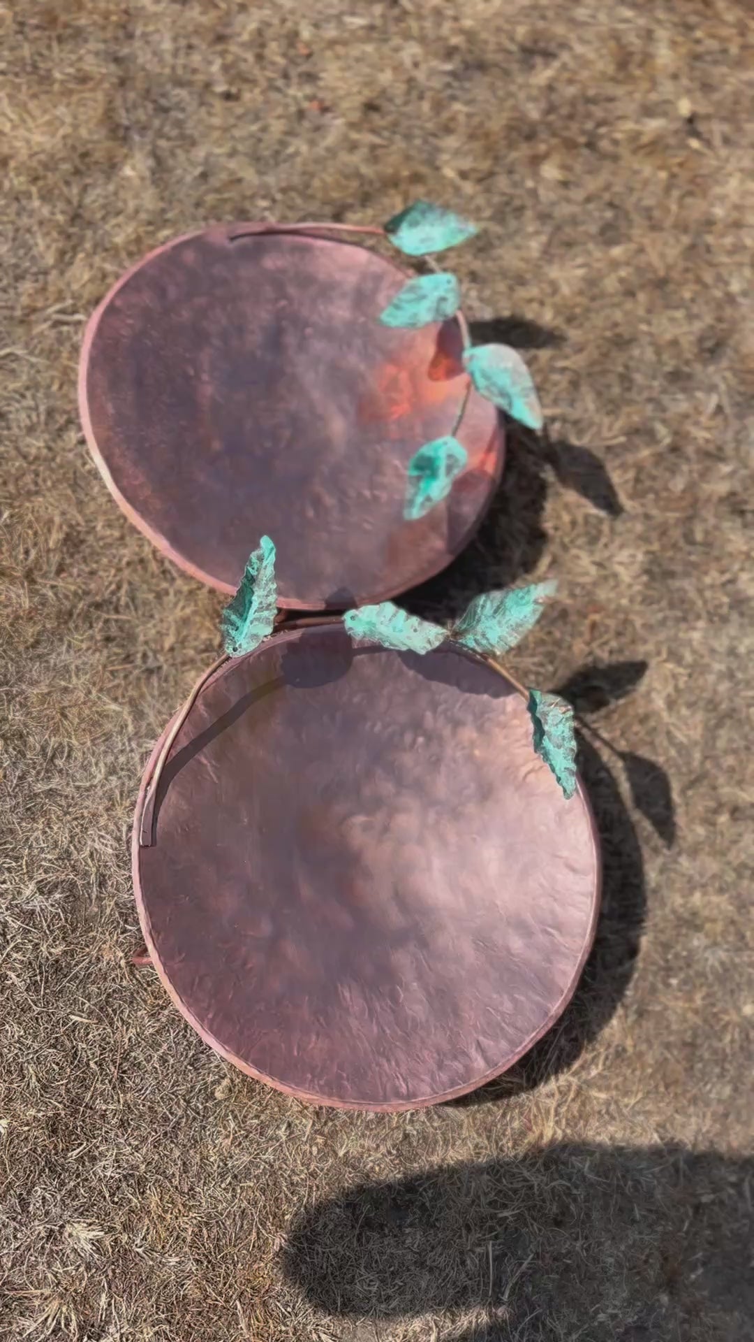 Hand made Copper and Green Hammered copper bowl ground level/floor standing bird bath with verdigris leaves.