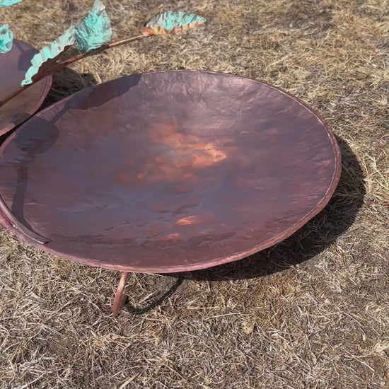 Hand made Copper and Green Hammered copper bowl ground level/floor standing bird bath with verdigris leaves.