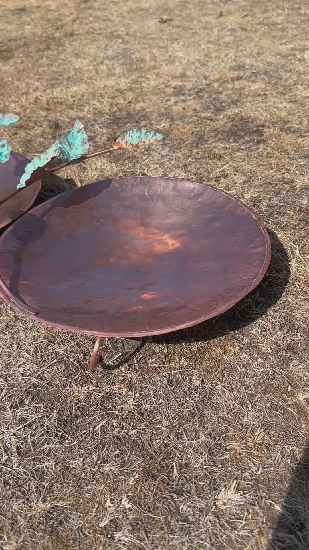 Hand made Copper and Green Hammered copper bowl ground level/floor standing bird bath with verdigris leaves.
