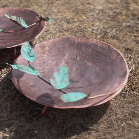 Hand made Copper and Green Hammered copper bowl ground level/floor standing bird bath with verdigris leaves.