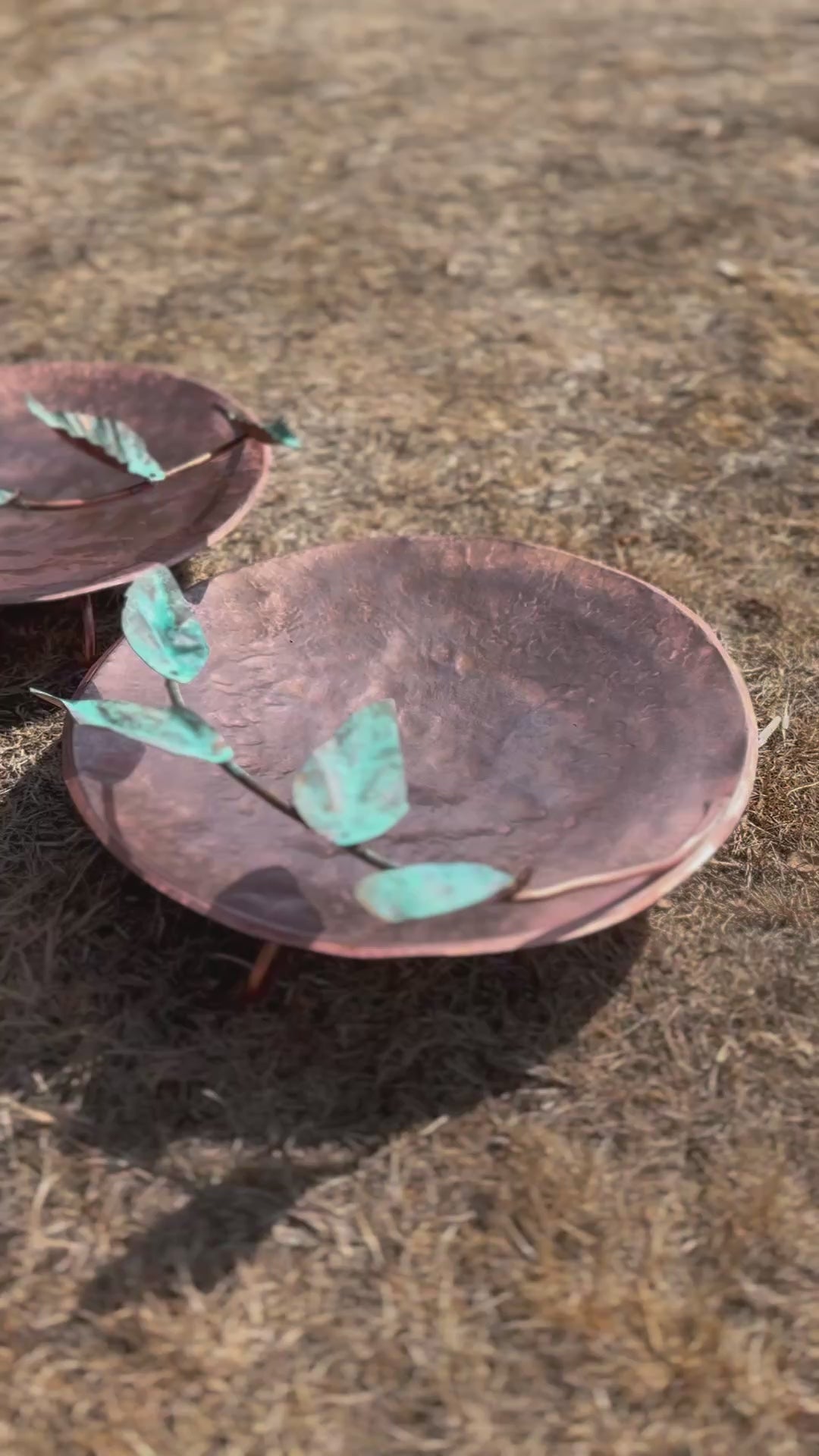 Hand made Copper and Green Hammered copper bowl ground level/floor standing bird bath with verdigris leaves.
